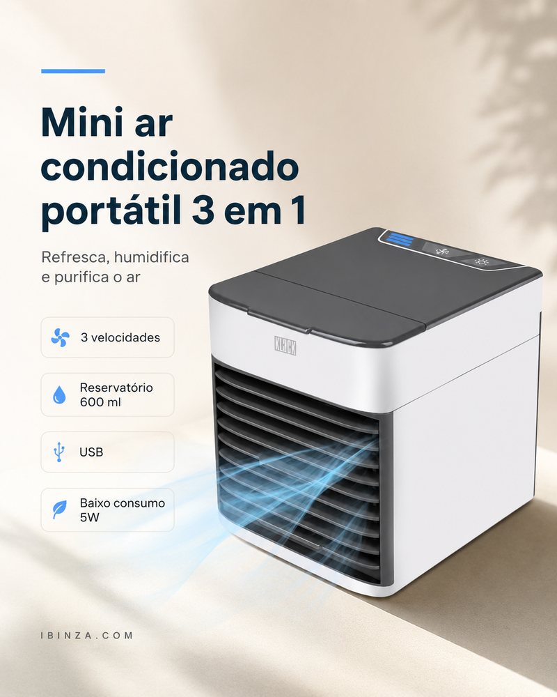 Climatizador de Ar Portátil 3 em 1 — Refresca, Humidifica e Purifica