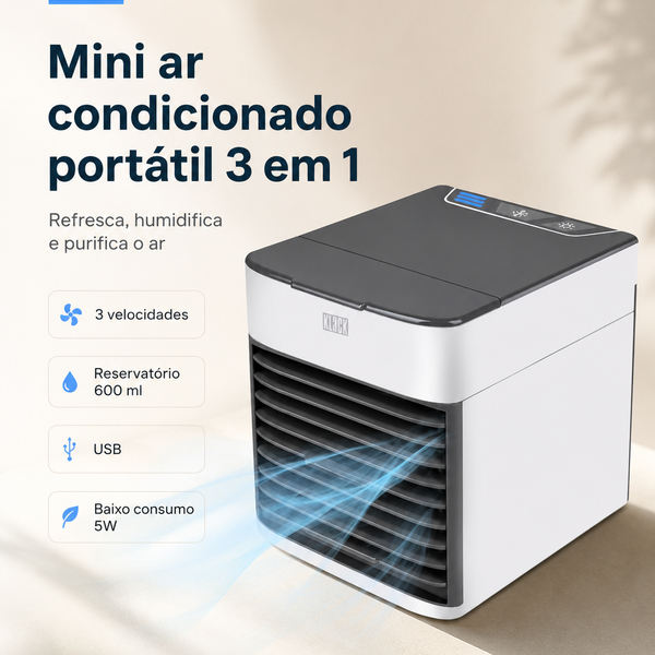 Climatizador de Ar Portátil 3 em 1 — Refresca, Humidifica e Purifica