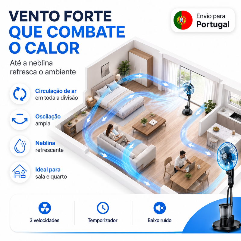 Ventoinha de Pé com Nebulização 40 cm — 9 Velocidades, Temporizador 7H e Controlo Remoto
