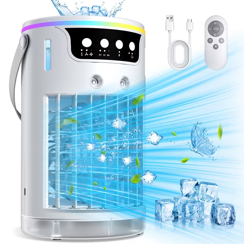 Mini Climatizador Portátil 3 em 1 com Humidificador, USB-C, LED e Temporizador
