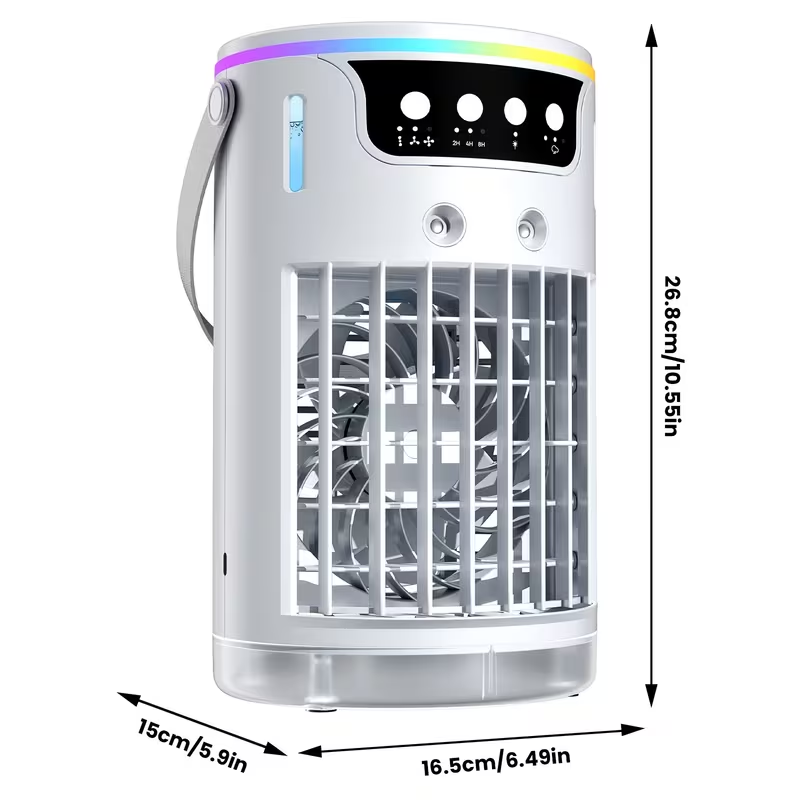 Mini Climatizador Portátil 3 em 1 com Humidificador, USB-C, LED e Temporizador