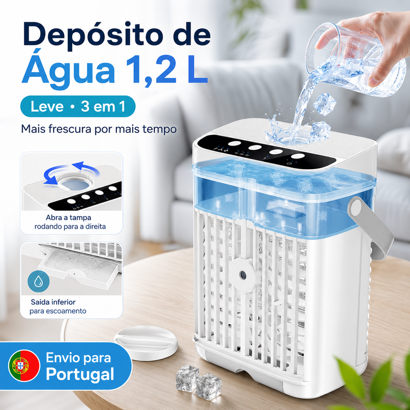 AJVV Mini Climatizador Portátil 3 em 1 com Humidificador, Ventoinha e Luz LED RGB