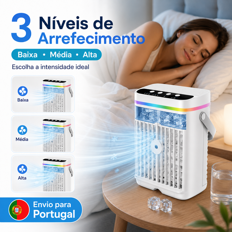 AJVV Mini Climatizador Portátil 3 em 1 com Humidificador, Ventoinha e Luz LED RGB
