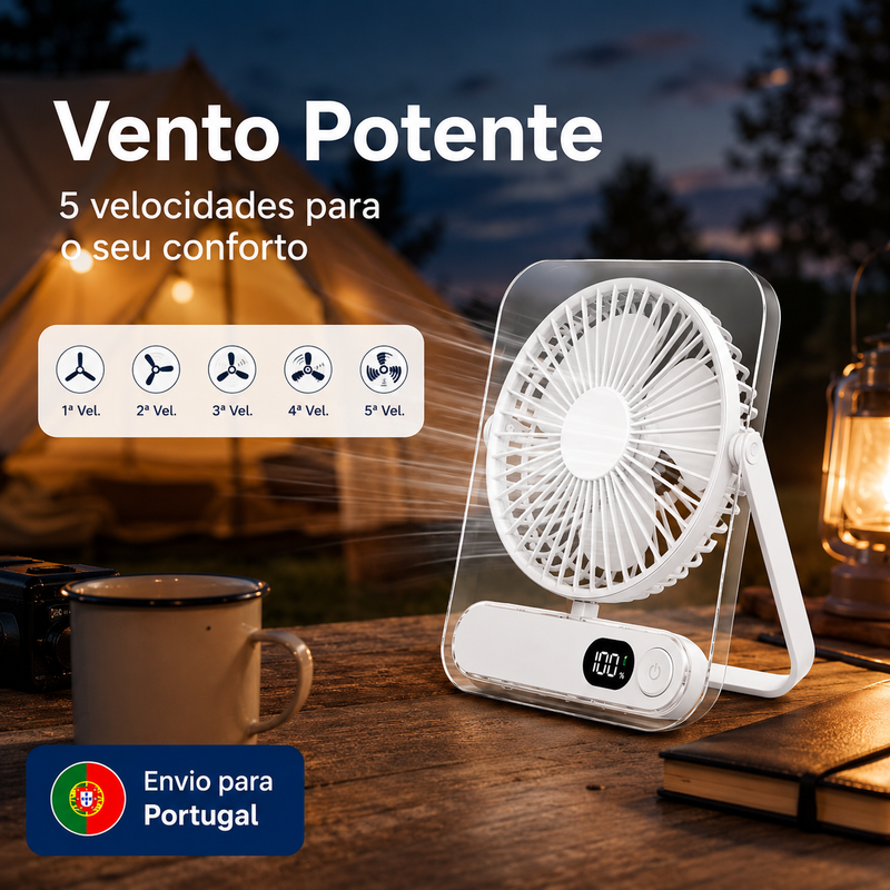 Mini Ventoinha USB-C Portátil Recarregável com 5 Velocidades, Ecrã LED e Design Quadrado em Acrílico