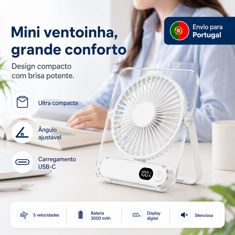 Ventoinha de Mesa Portátil Recarregável USB-C com 5 Velocidades, Bateria 3000 mAh e Display Digital
