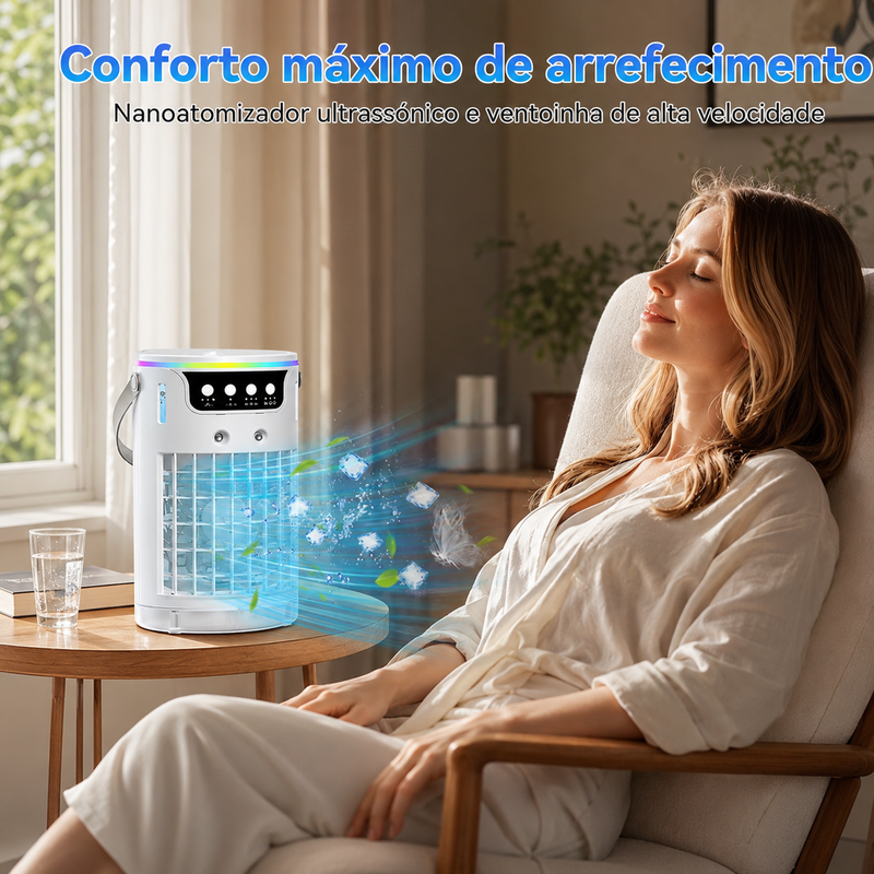 Mini Climatizador Portátil 3 em 1 com Humidificador, USB-C, LED e Temporizador