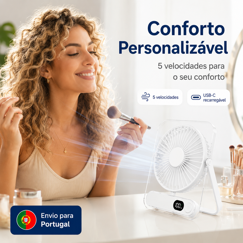 Mini Ventoinha USB-C Portátil Recarregável com 5 Velocidades, Ecrã LED e Design Quadrado em Acrílico