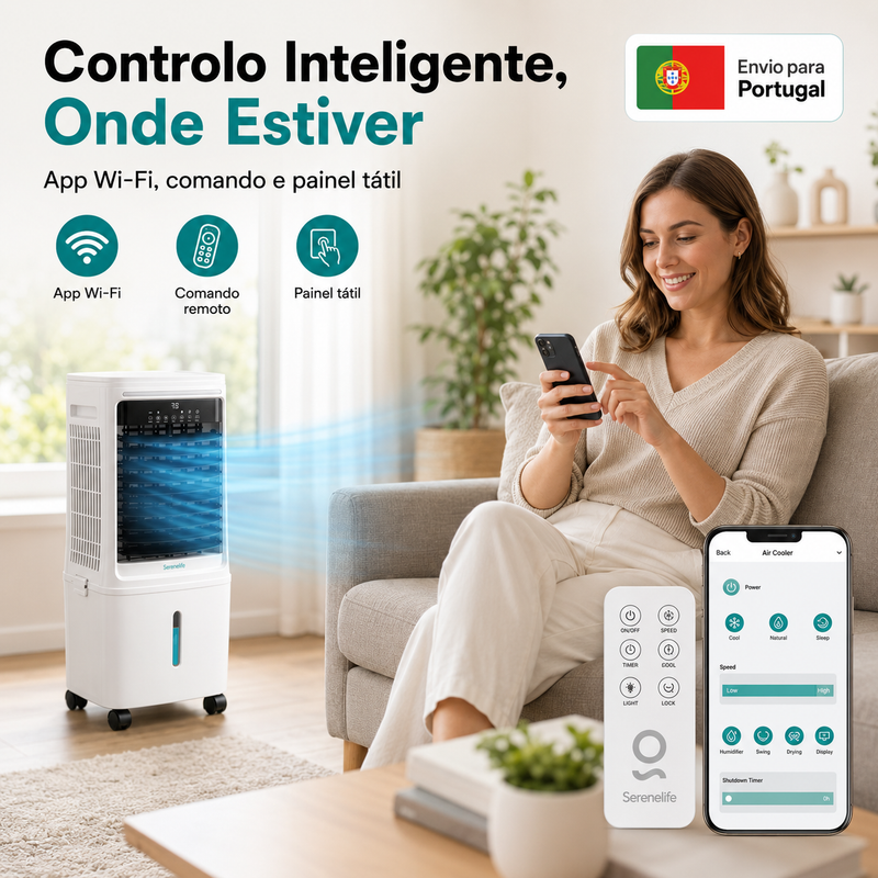 SereneLife Climatizador Evaporativo Portátil 25L com WiFi, Controlo Remoto e Oscilação 60°