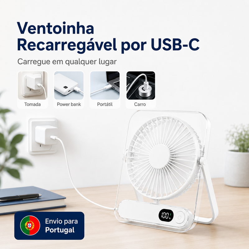 Mini Ventoinha USB-C Portátil Recarregável com 5 Velocidades, Ecrã LED e Design Quadrado em Acrílico