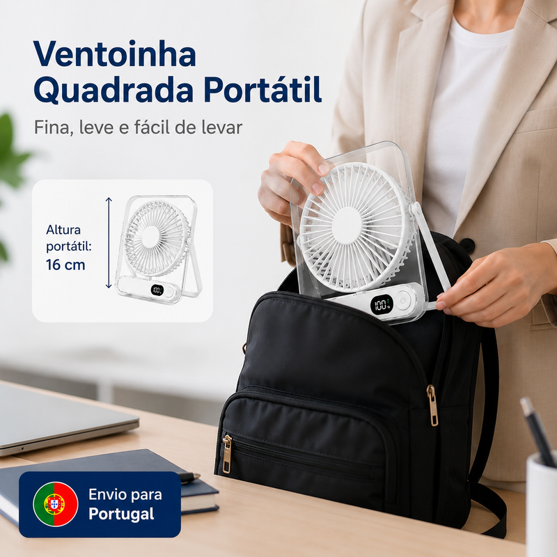 Mini Ventoinha USB-C Portátil Recarregável com 5 Velocidades, Ecrã LED e Design Quadrado em Acrílico