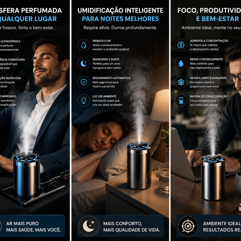 Difusor Premium para Carro com 3 Aromas | Carregamento USB | Intensidade Ajustável