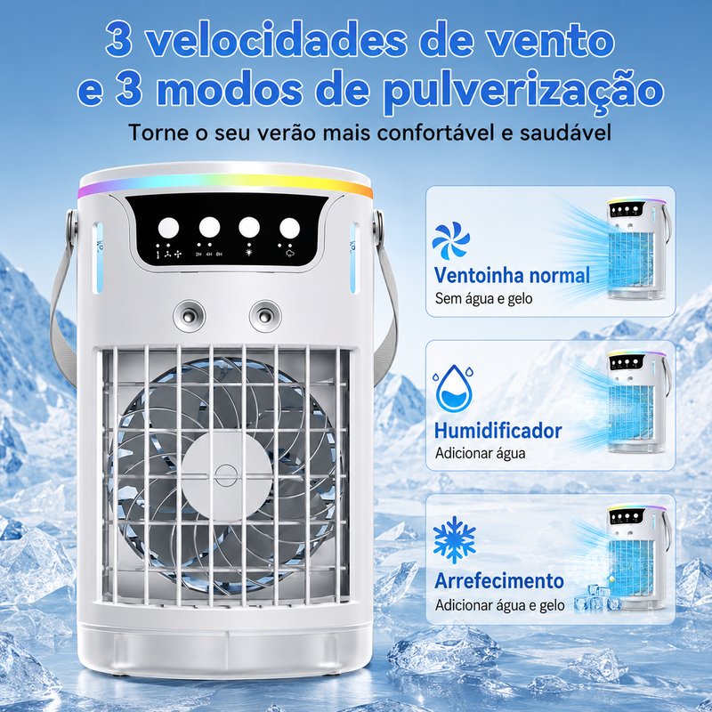 Mini Climatizador Portátil 3 em 1 com Humidificador, USB-C, LED e Temporizador