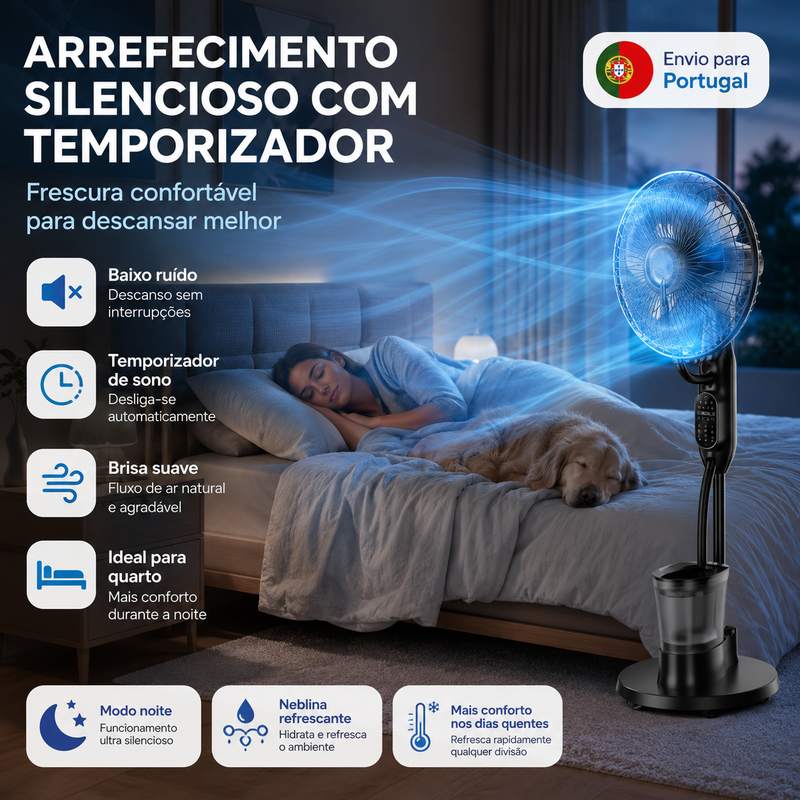 Ventoinha de Pé com Nebulização 40 cm — 9 Velocidades, Temporizador 7H e Controlo Remoto