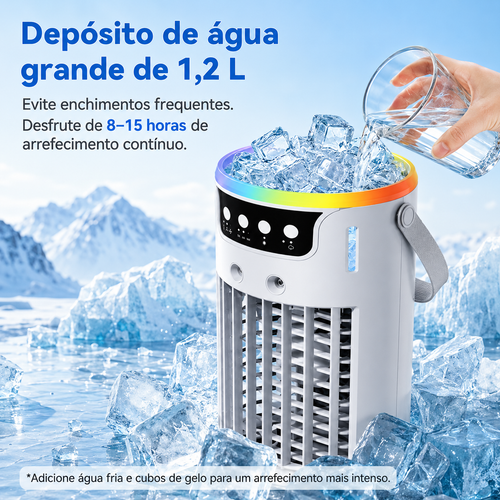 Mini Climatizador Portátil 3 em 1 com Humidificador, USB-C, LED e Temporizador