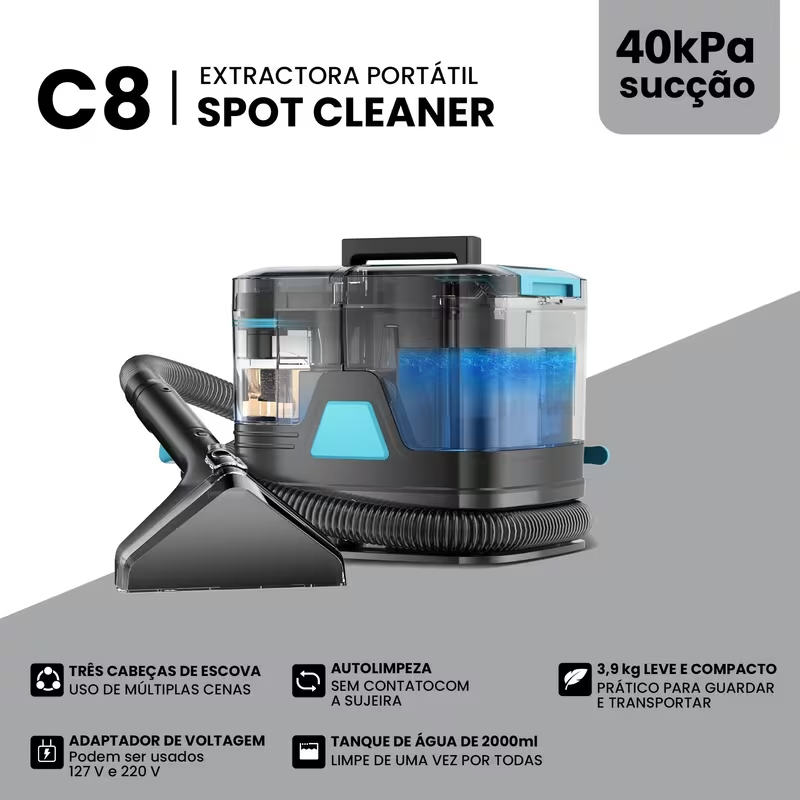 INSE C8 Spot Cleaner — Extractora Portátil de Manchas com 40 kPa, 3 Cabeças de Escova e Tanque 2L