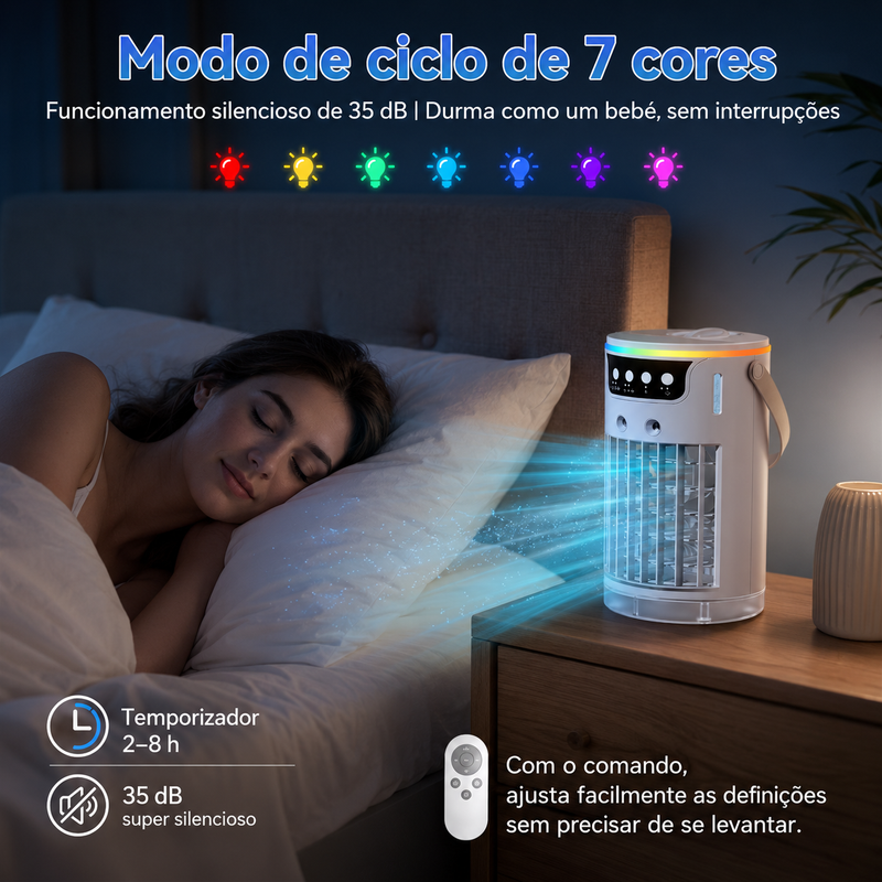Mini Climatizador Portátil 3 em 1 com Humidificador, USB-C, LED e Temporizador