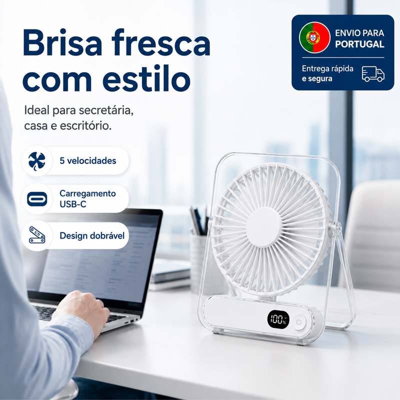 Ventoinha de Mesa Portátil Recarregável USB-C com 5 Velocidades, Bateria 3000 mAh e Display Digital