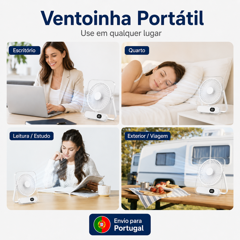Mini Ventoinha USB-C Portátil Recarregável com 5 Velocidades, Ecrã LED e Design Quadrado em Acrílico