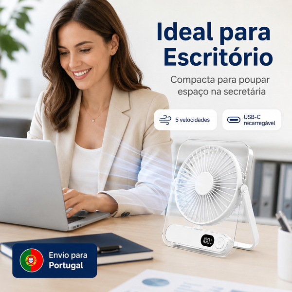 Mini Ventoinha USB-C Portátil Recarregável com 5 Velocidades, Ecrã LED e Design Quadrado em Acrílico