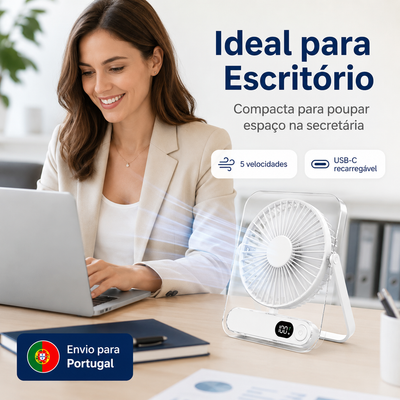Mini Ventoinha USB-C Portátil Recarregável com 5 Velocidades, Ecrã LED e Design Quadrado em Acrílico
