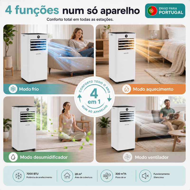 SereneLife Ar Condicionado Portátil 7000 BTU com Wi-Fi, Aquecimento e Desumidificador