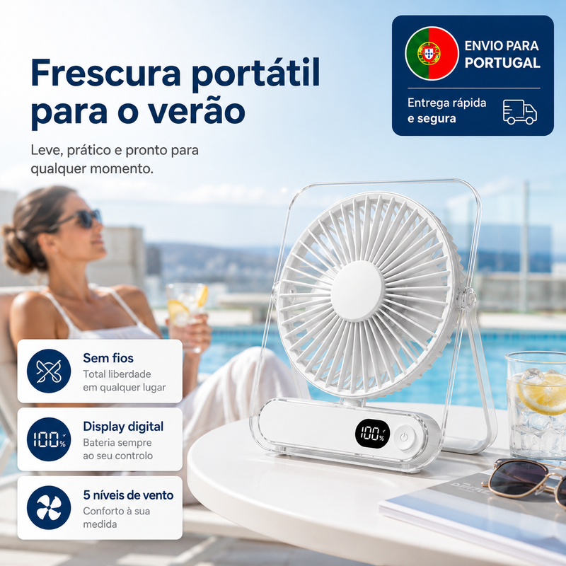 Ventoinha de Mesa Portátil Recarregável USB-C com 5 Velocidades, Bateria 3000 mAh e Display Digital