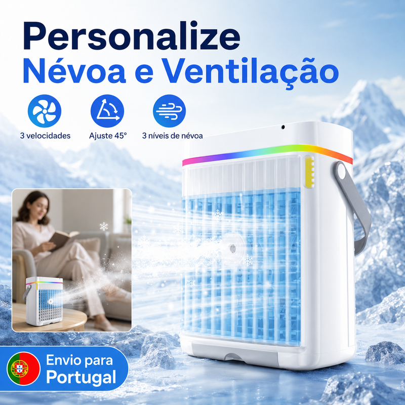 AJVV Mini Climatizador Portátil 3 em 1 com Humidificador, Ventoinha e Luz LED RGB