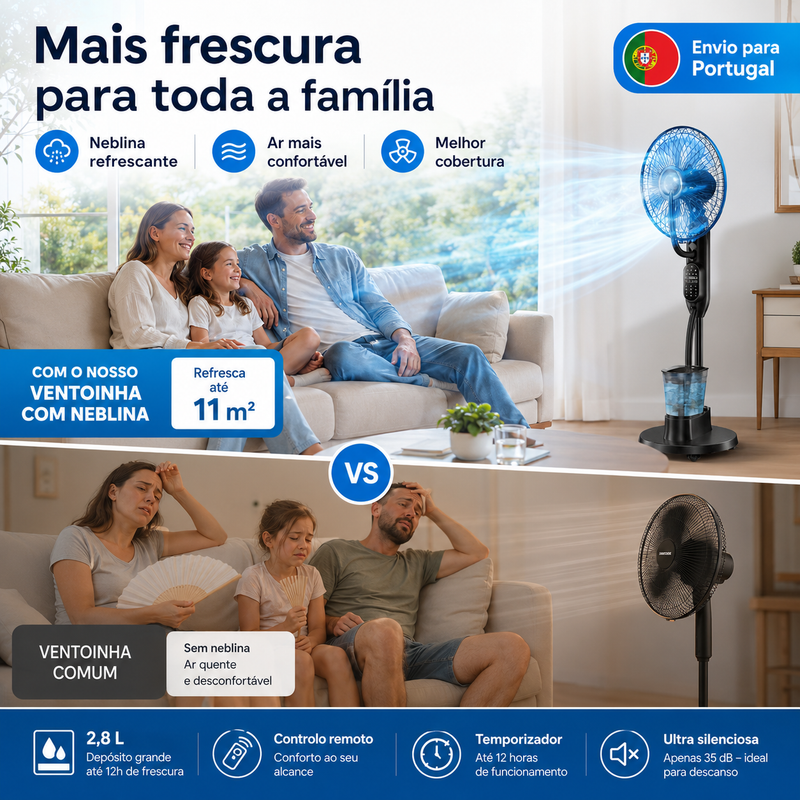Ventoinha de Pé com Nebulização 40 cm — 9 Velocidades, Temporizador 7H e Controlo Remoto